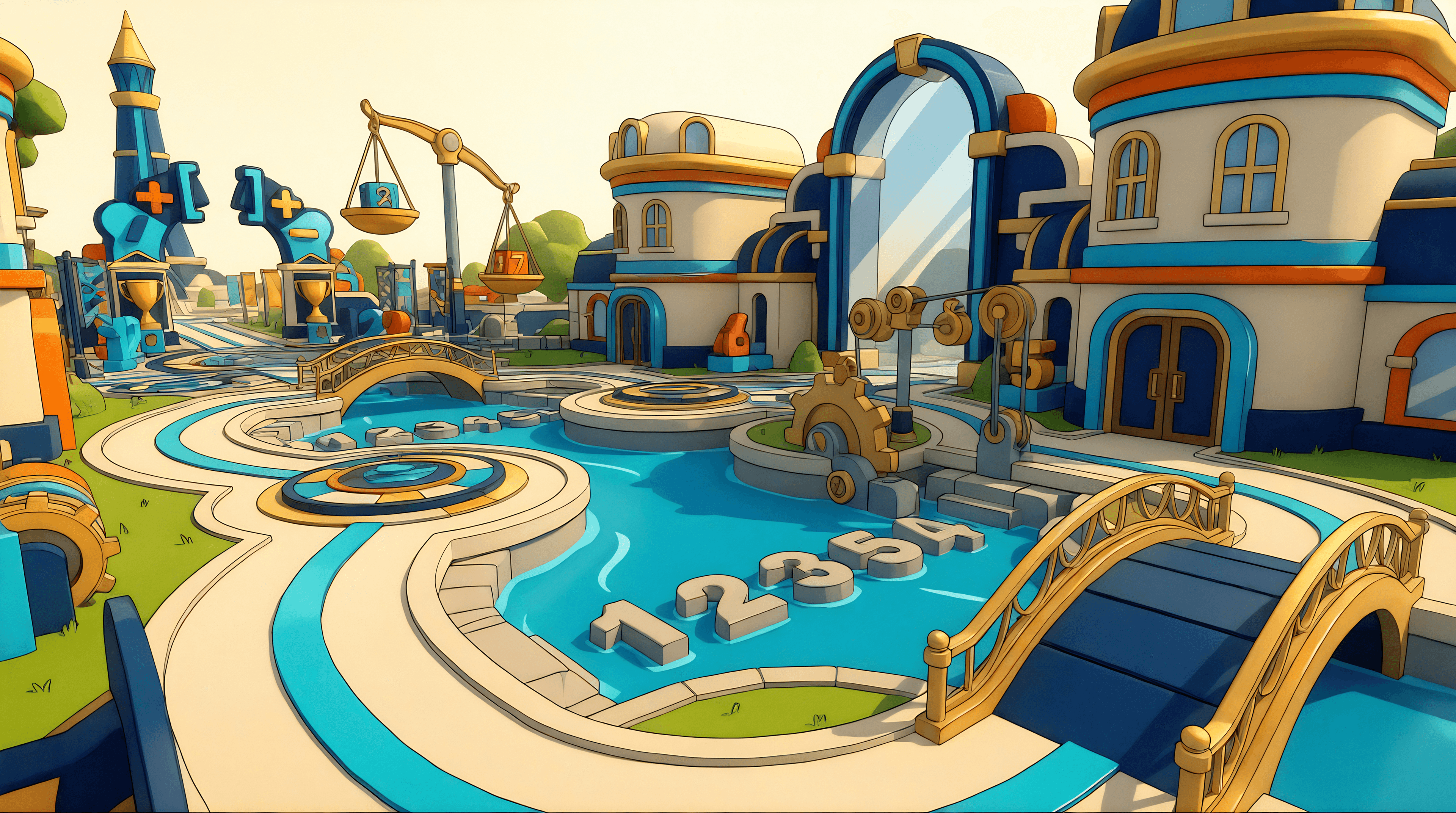 A bright Ready Steady Math world with number paths, bridges, and learning towers