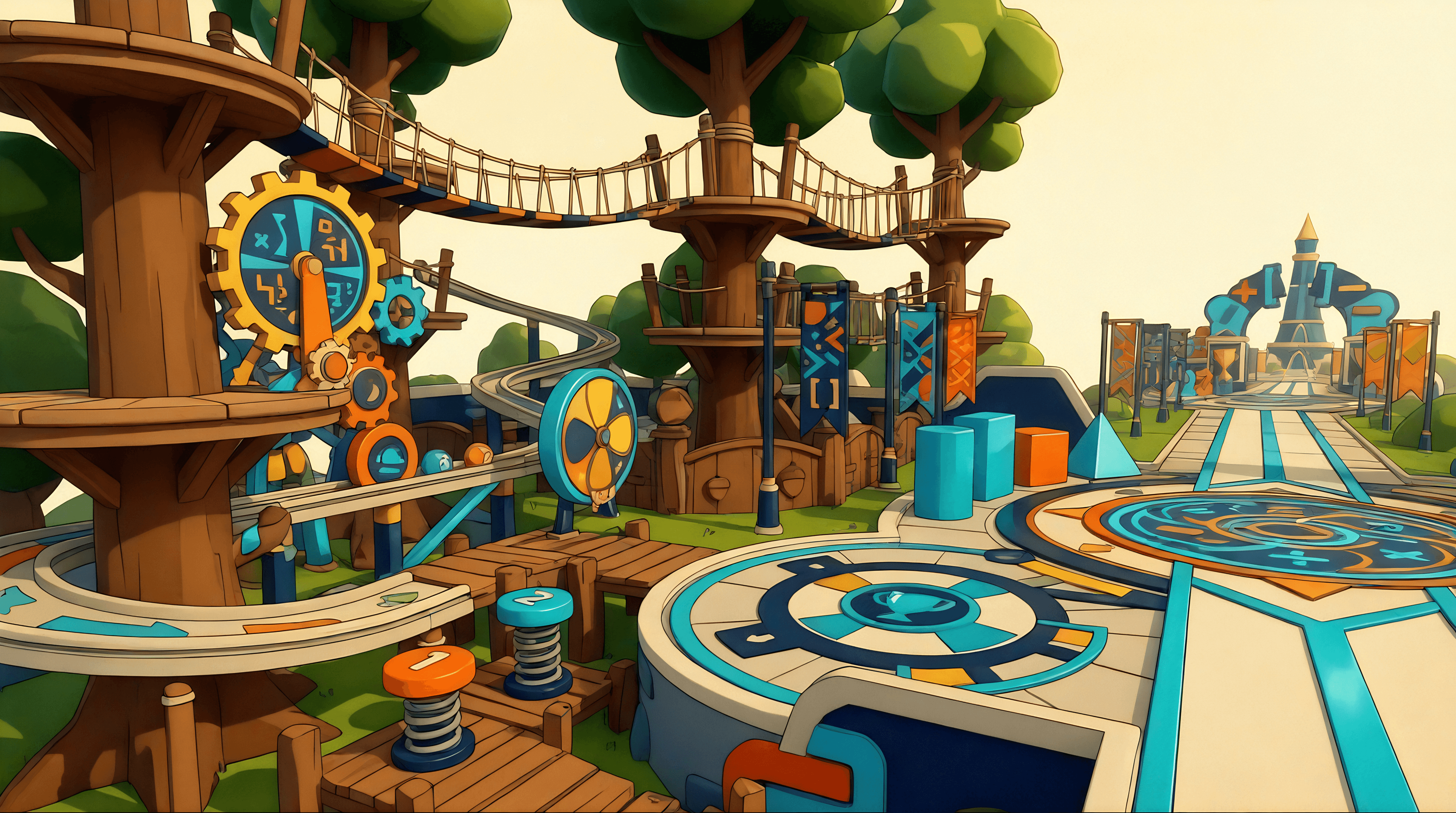 Ready Steady Math treehouse practice world with ramps, number wheels, and classroom paths